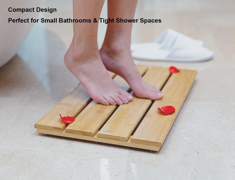 PELYN Bamboo Shower Bath Mat for Bathroom, Non-Slip Bamboo Wood Bathroom Mats for Inside or Outside (19.7 x 12.2 inches) - Image 2